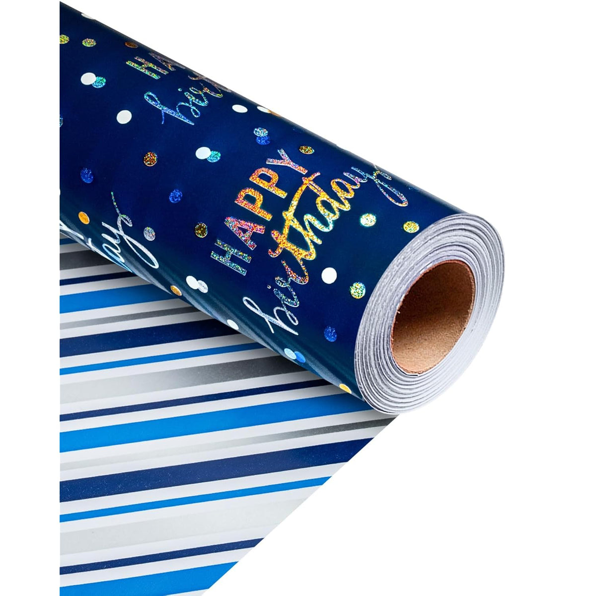 Birthday Wrapping Paper Roll, Blue Metallic Holographic Happy Birthday Wrapping Paper Featuring Revesible Stripe Gift Wrap Paper For Boys Kids Girls Men, 17 Inches X 33 Feet
