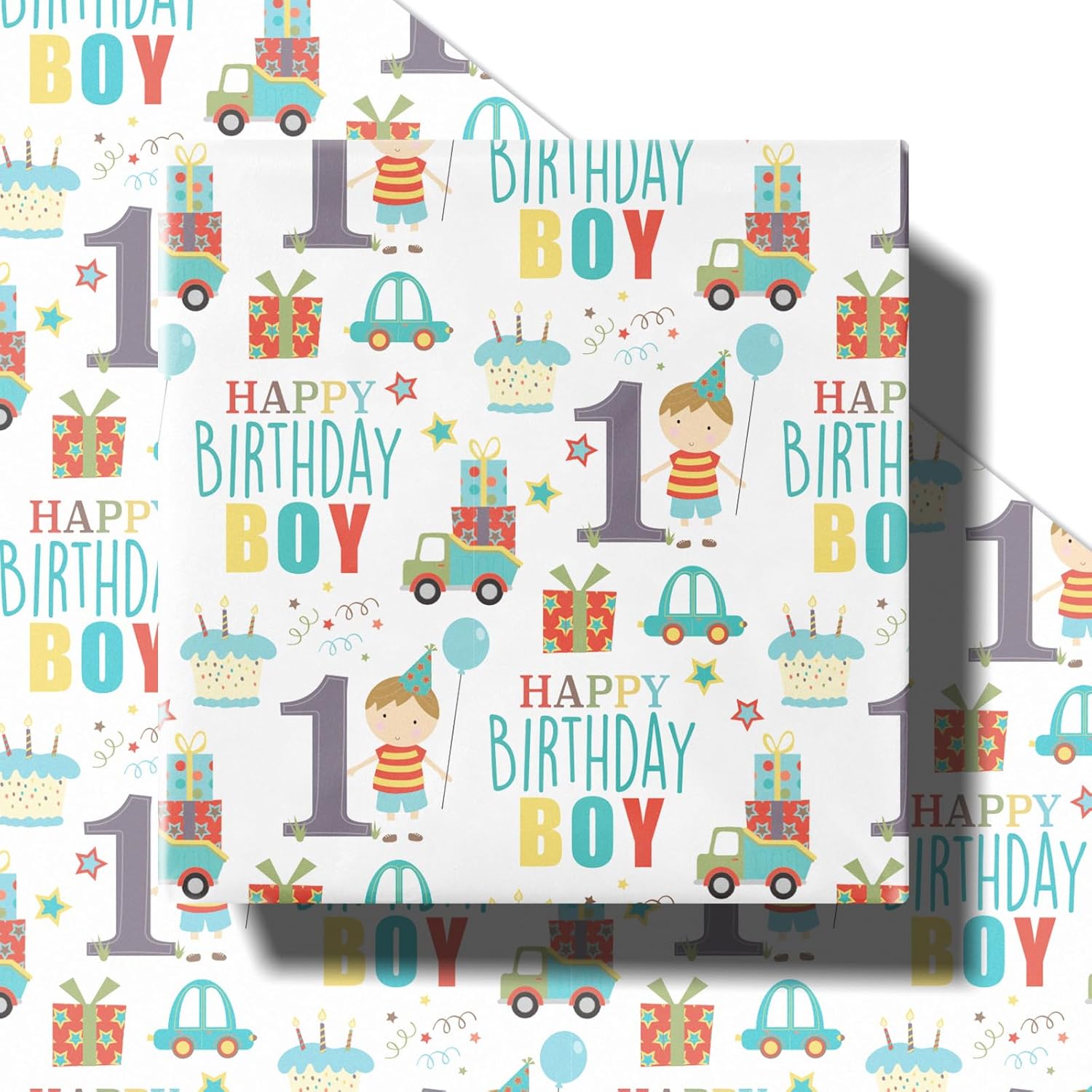 Happy 1St Birthday Wrapping Paper Roll For Boys, Mini Roll, Blue Cute Boy, Gift, Car And Cake Pattern Gift Wrap Paper For Birthday Party And More, 17 Inches X 16.4 Feet, 1 Year Old