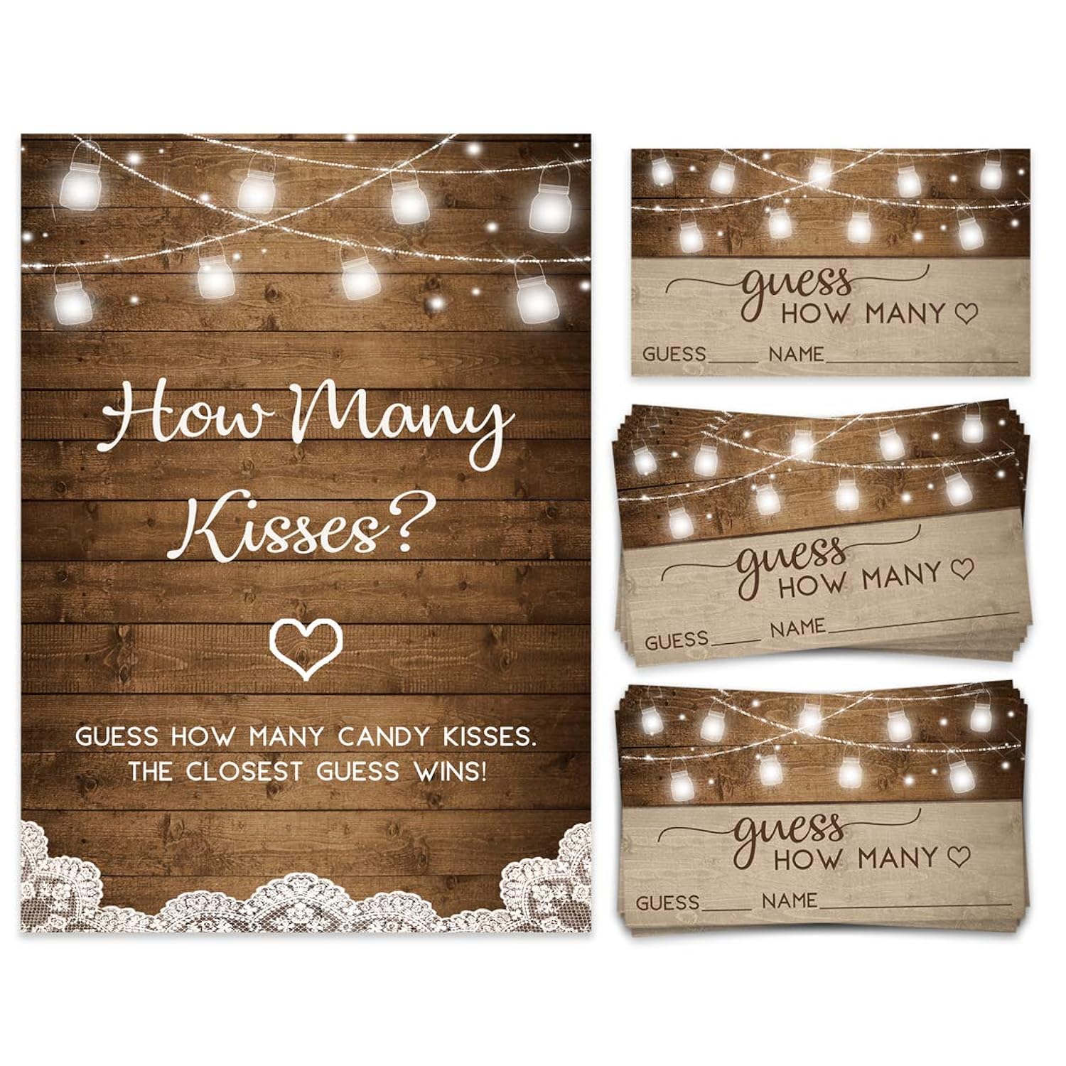 Candy Guessing Game, Guess How Many, Rustic, 50 Cards And Sign