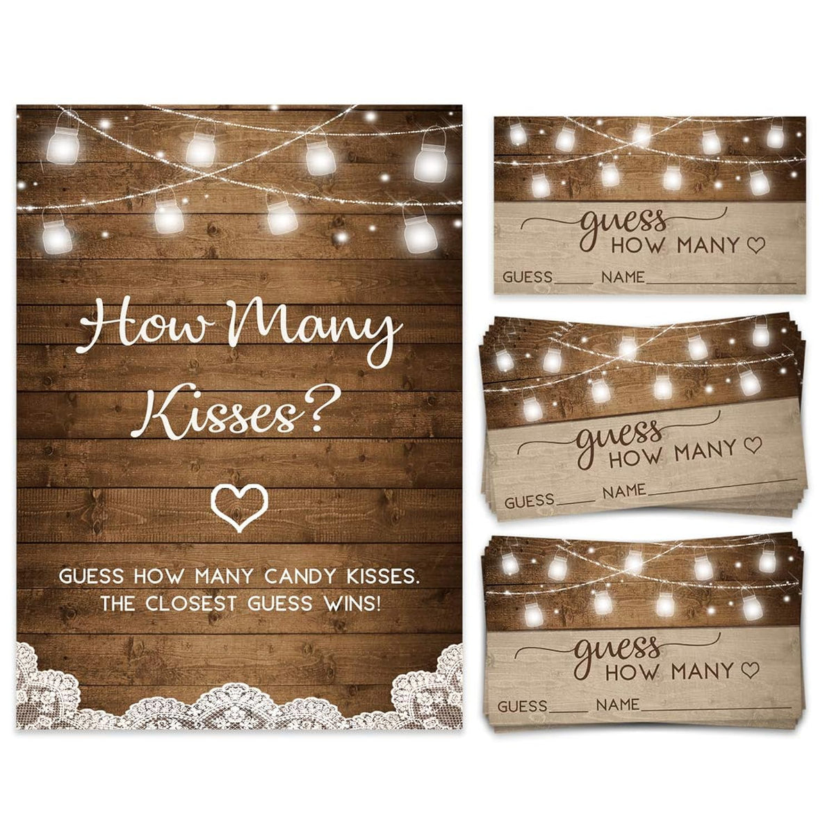 Candy Guessing Game, Guess How Many, Rustic, 50 Cards And Sign