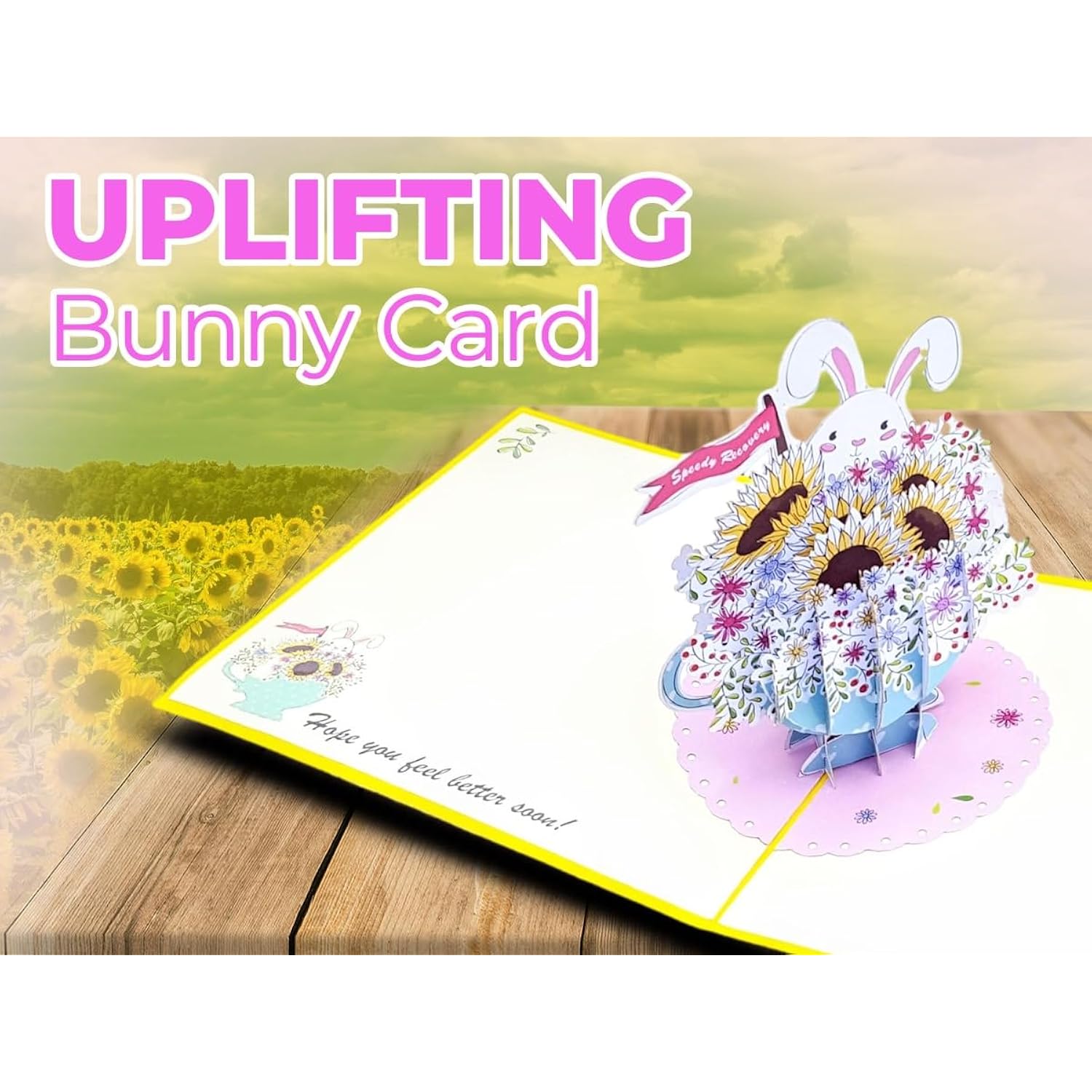 Sunny Bunny Get Well Soon 3D Pop-Up Card – Sunflower Bouquet With Cute Bunny In Teacup – Encouragement, Speedy Recovery, Thinking Of You, Cheer Up Gift For Friends & Family – 6” X 6”