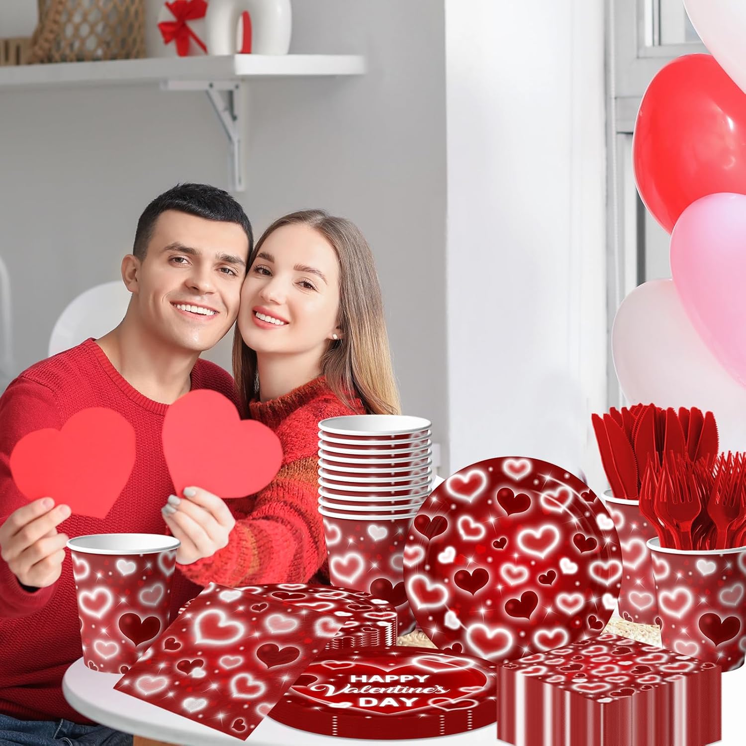 Valentines Day Party Decorations - 144Pcs Romantic Red Heart Plates And Napkins Happy Valentine'S Day Tableware Serves 24