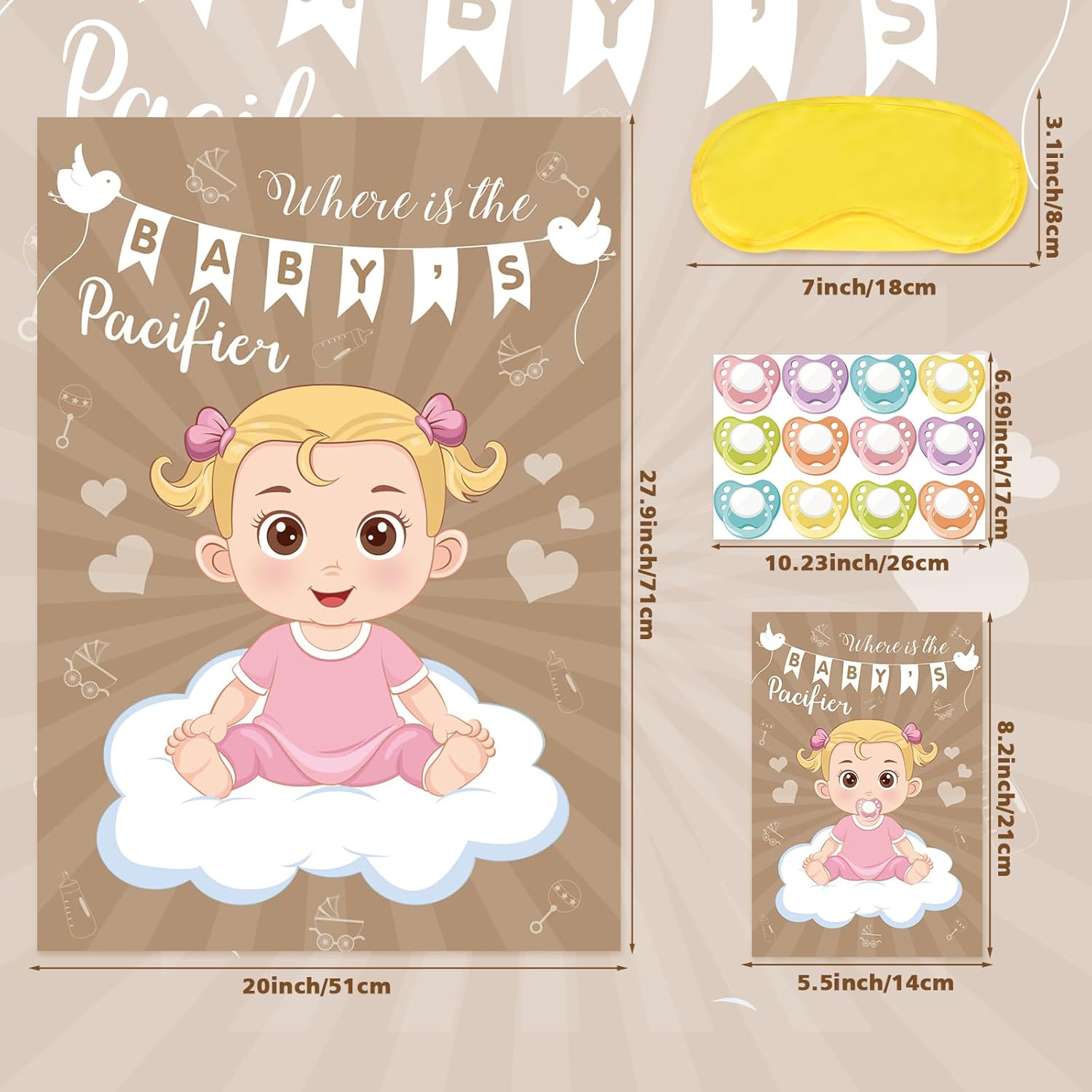 Baby Shower Game Pin The Pacifier On The Baby Game With 72 Pcs Pacifier Stickers, Large Baby Party Games Poster For Girls Kids Baby Shower Party Birthday Party Supplies