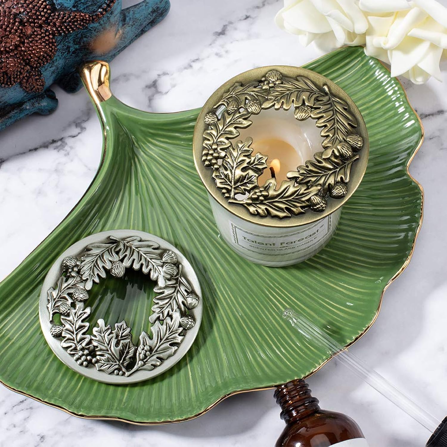 2 Pack Candle Topper Leaf Pine Candle Topper Shade Jar Lid Shade Sleeves For Jar Candles - Help Candles Melt Evenly And Look Great, 3.19 In Diameter(Antique Bronze & Antique Silver)
