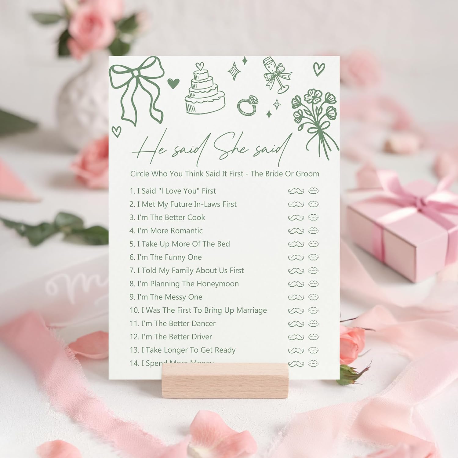 30 Pcs Bridal Shower Games, He Said She Said Wedding Shower Game For Newlyweds, Engagement Bachelorette Party Games For Bride Broom, Minimalism Green Theme-A08