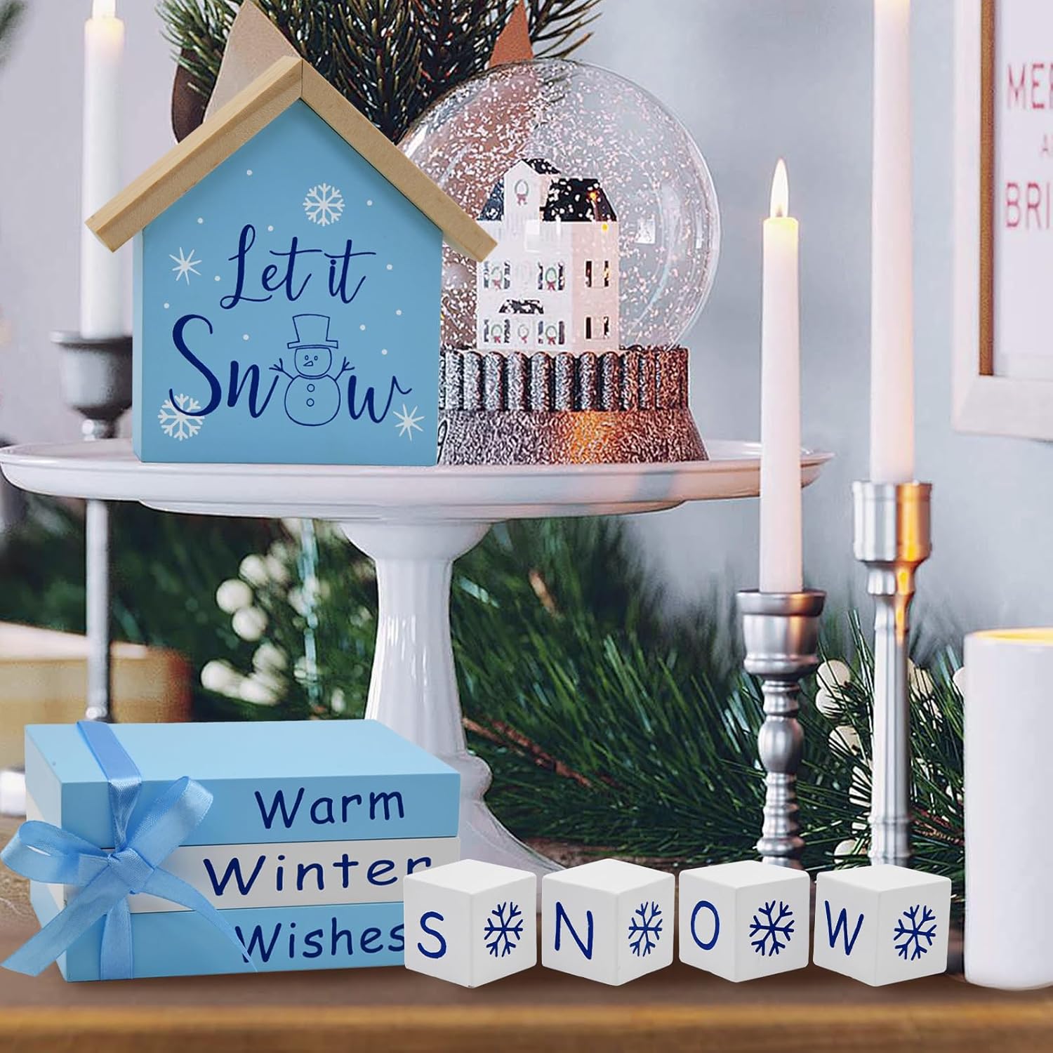 Winter Table Decor Wooden Block Sign, Let It Snow Decor Blue Winter Wonderland Centerpieces For Tables, Farmhouse Tiered Tray Decorations