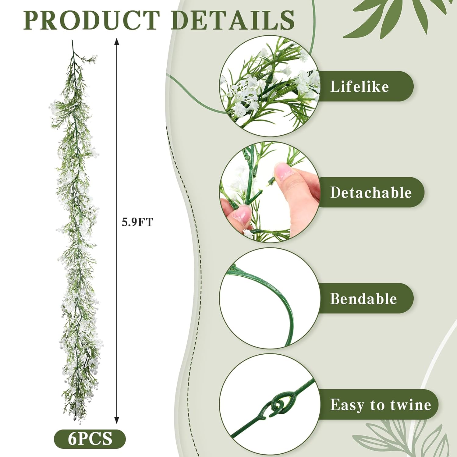 6 Pieces Artificial Baby Breath Flower Vines 5.9Ft Faux Hanging Gypsophila Greenery Garland Vines Fake Bulk Baby Breath Garland For Wedding Party Table Home Backdrop Wall Decor (White)