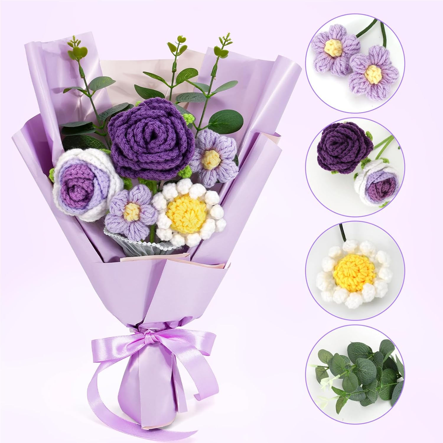 Crochet Flowers Bouquet, Knitted Rose Daisy Bouquet With Exquisite Purple Wrap Eternal Blessing For Mom Gift, Christmas Valentine'S Day Birthday Wedding For Her