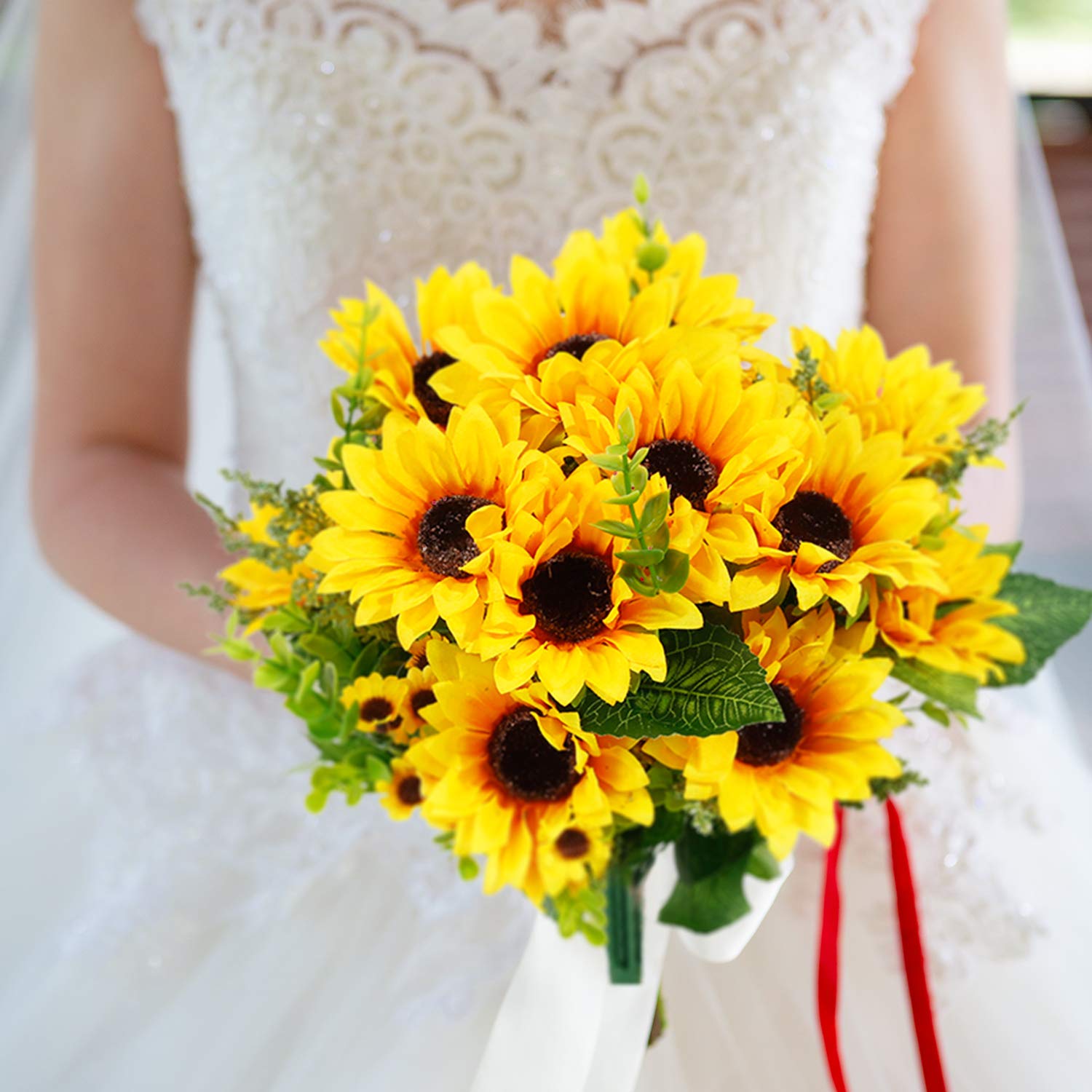 Sunflowers Artificial Flowers 2 Bunches Fake Sunflowers Silk Flowers Sunflower Bouquet Yellow Flowers Wedding Decor Home Hotel Office Party Garden Decorative Flowers Table Centerpiece