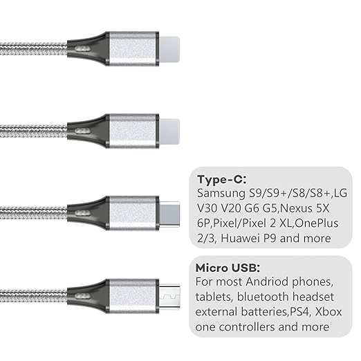 2 Pack 4 in 1 Multi Charging Cable 4FT 3A Fast Charging Nylon Braided Universal Charger Cord for iPhone Samsung Android