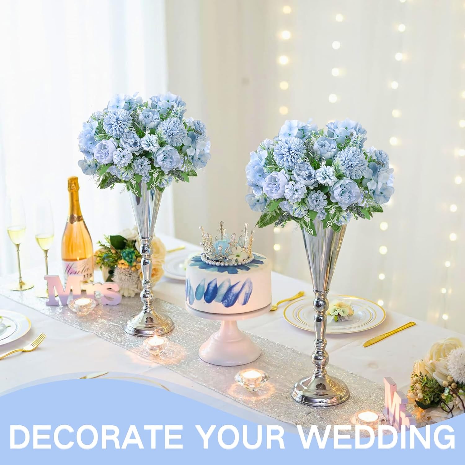 Blue Artificial Flowers, 12Pcs Fake Peony Silk Peonies For Decoration Blue Faux Flower Arrangements For Spring Office Home Decor Wedding Party (Light Blue)