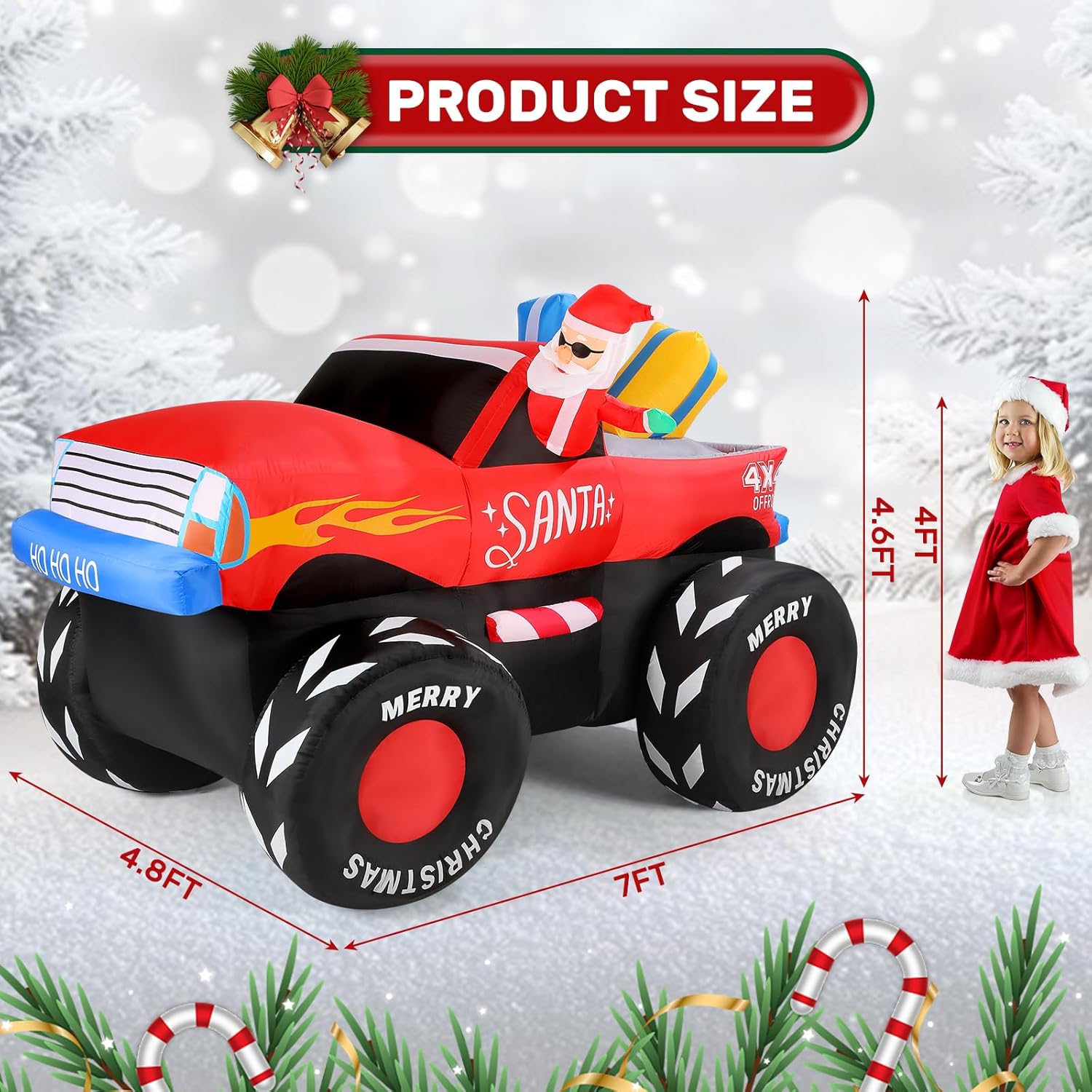 7Ft Christmas Inflatables Outdoor, Santa Claus On Monster Truck Blow Up Yard Decor With Built-In Led Lights, Waterproof