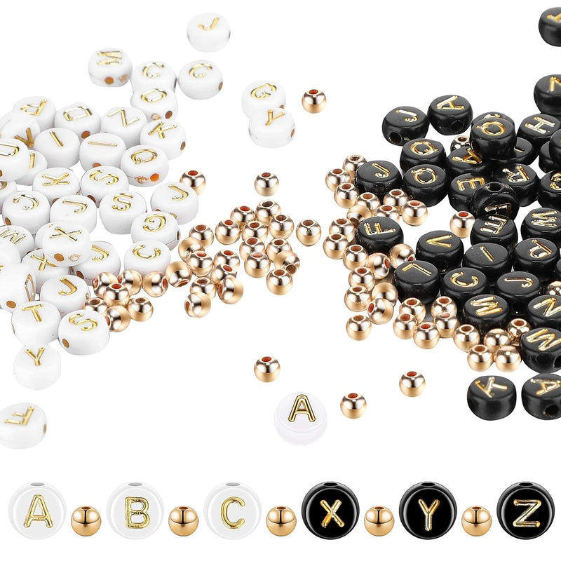 1500 Pieces Round Acrylic Alphabet Letter Beads White Black Round Bead Gold Le