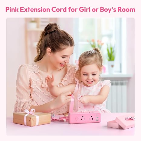 Pink Extension Cord 10 ft Surge Protector Power Strip with 6 Outlets and USB C Ports for Home Office Dorm Room
