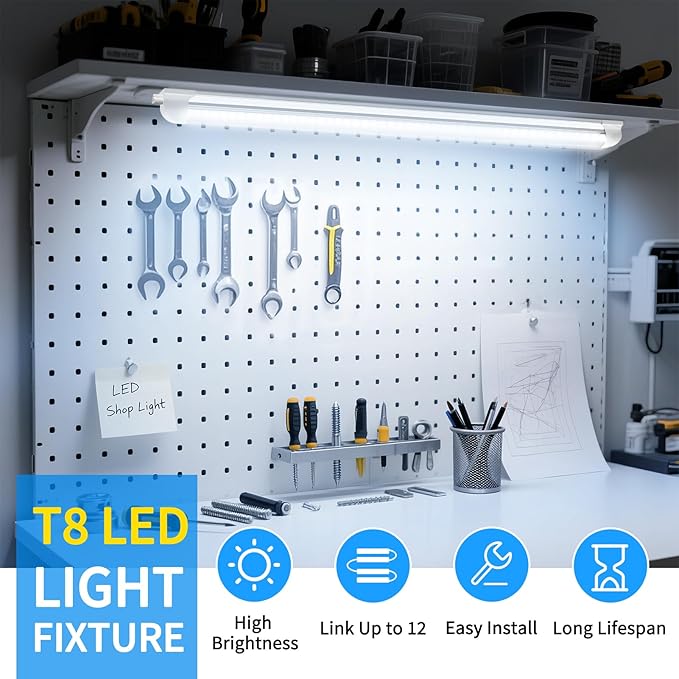 2 Pack 2FT LED Shop Lights 22W 3300LM 6500K Linkable T8 Utility Fixtures