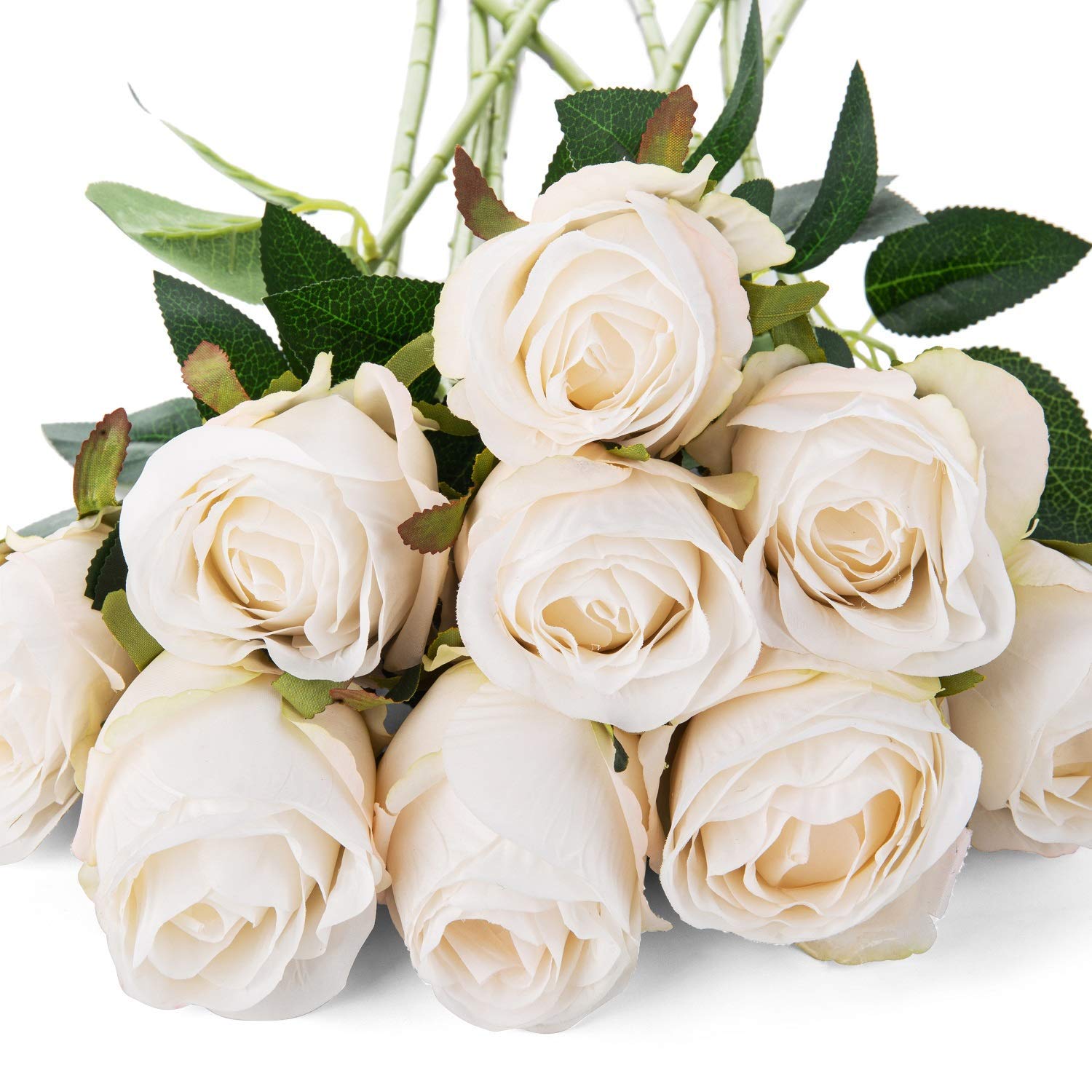 10Pcs Silk Rose Flower Artificial Roses With Long Stems For Diy Wedding Bouquets Centerpieces Bridal Shower Party Home Decor (White)
