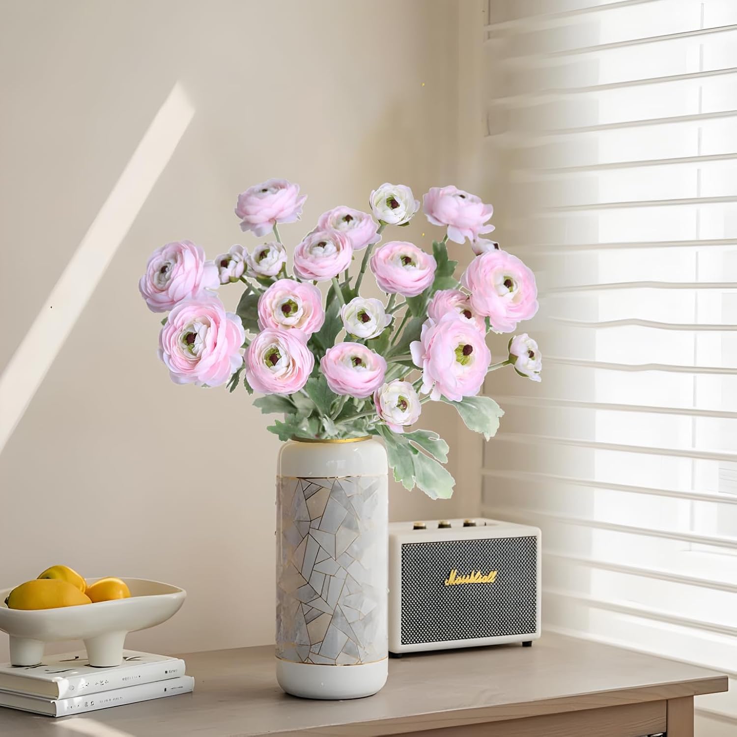 5Pcs Artificial Ranunculus Flowers Silk Flowers Faux Ranunculus Asian Buttercup With Flocked Leaves Fake Flower Stems For Home Decor Indoor Diy Floral Wedding Table Centerpiece (Pink)