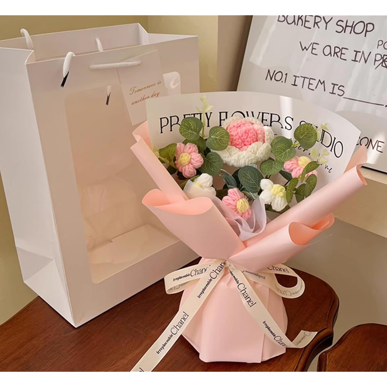 Artificial Crochet Flowers Bouquet,Completed Handmade Knitted Flowers Crocheted Roses Flowers Gift For Valentine'S Day Mother'S Day Birthday Wedding Home Decor(1 Big Rose,Pink)