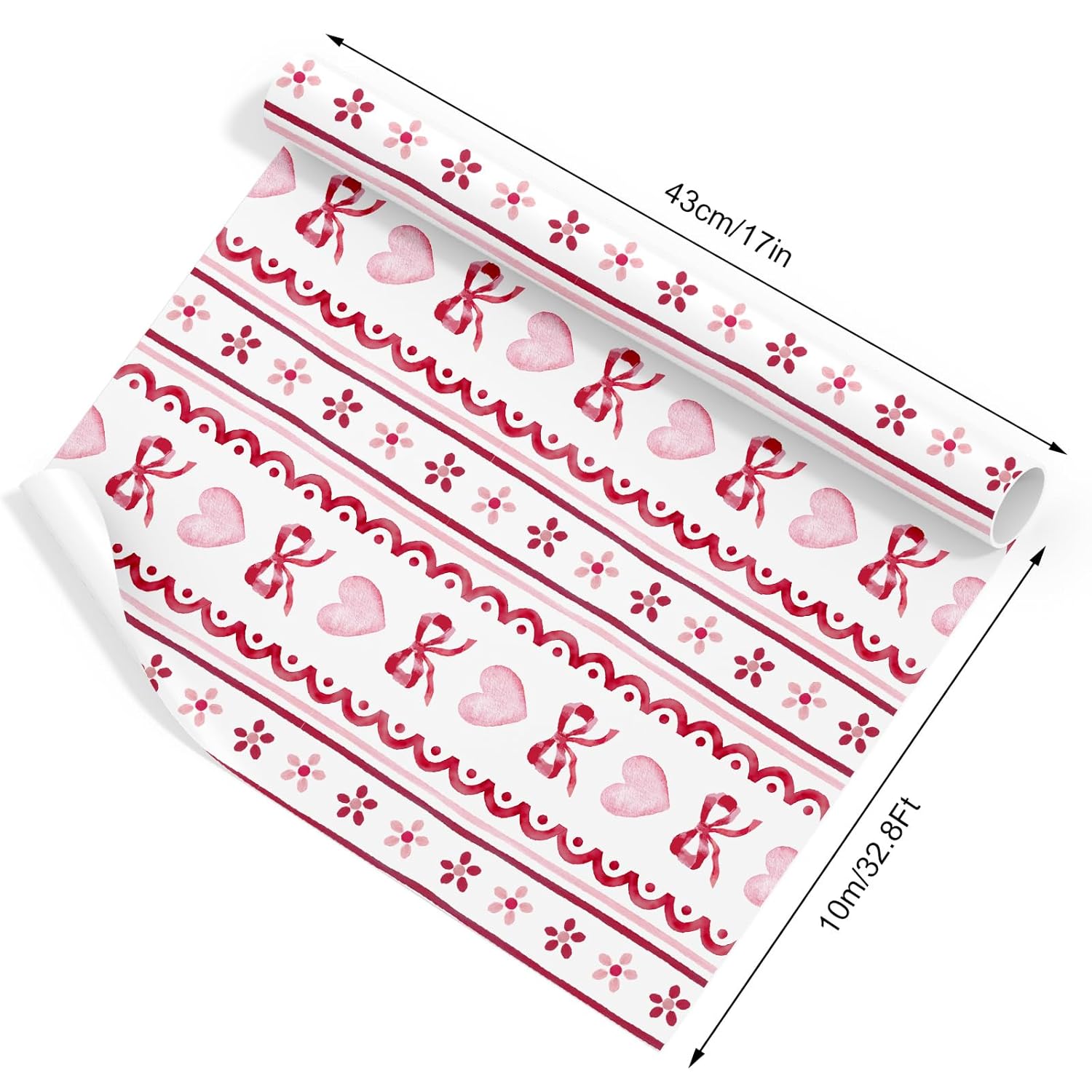 Valentine'S Day Wrapping Paper - Mini Roll - 17 Inch X 32.8 Ft Red Pink Stripe Heart Bow Gift Wrap Paper For Wedding Anniversary Party Diy Crafts