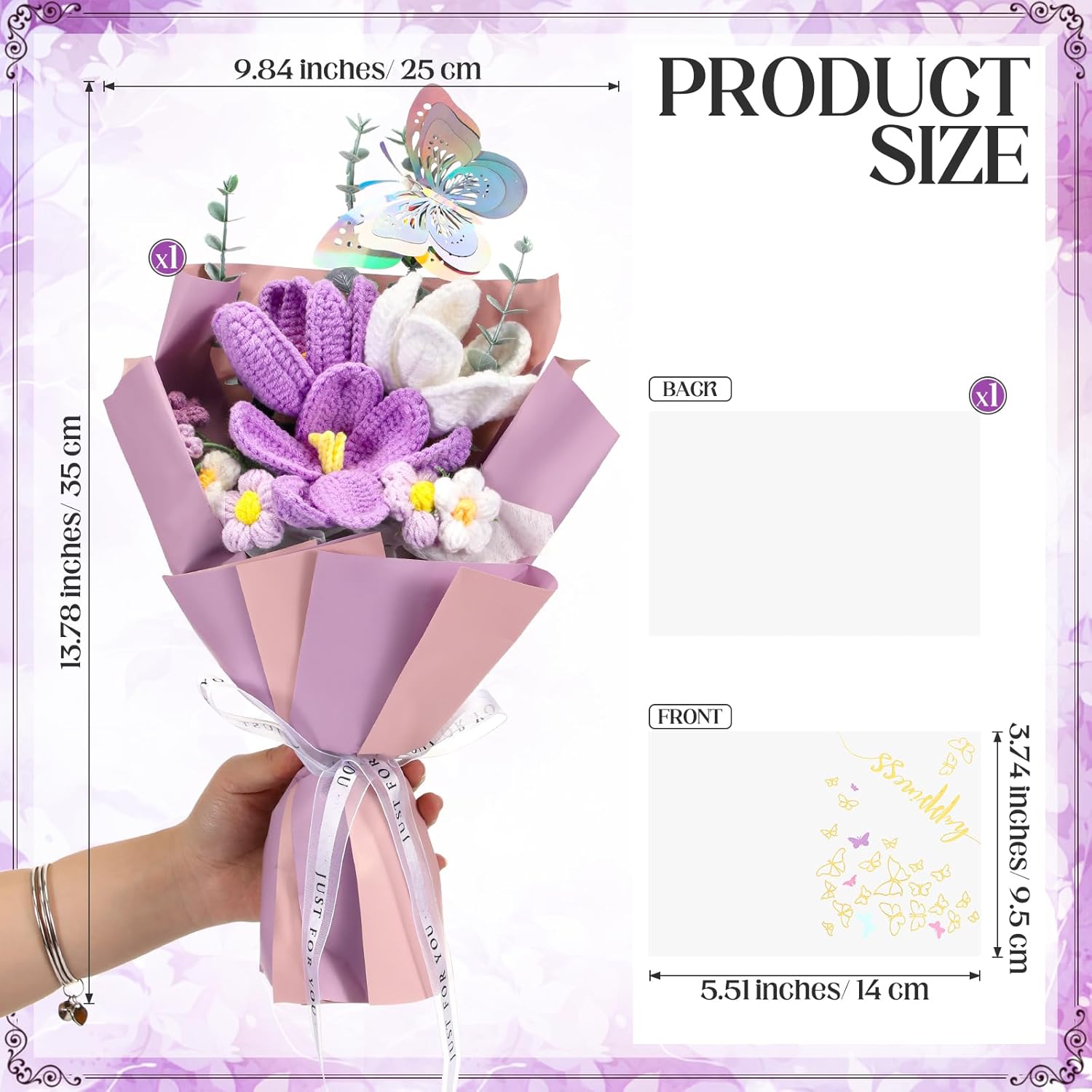 Crochet Flowers Bouquet Valentines Handmade Tulips Knitted Flowers With Butterfly Card For Wife Lover Anniversary Birthday Mother'S Day Teacher Coworker Office(Purple)