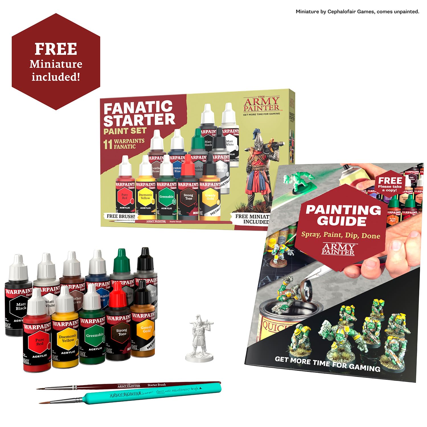 Warpaints Fanatic: Starter Set Combo, 11 Paints: 7 Acrylic Colours, 2 Metallics, 1 Wash, 2 Brushes & 1 Free Miniature Figure, For Models And Miniature Painting