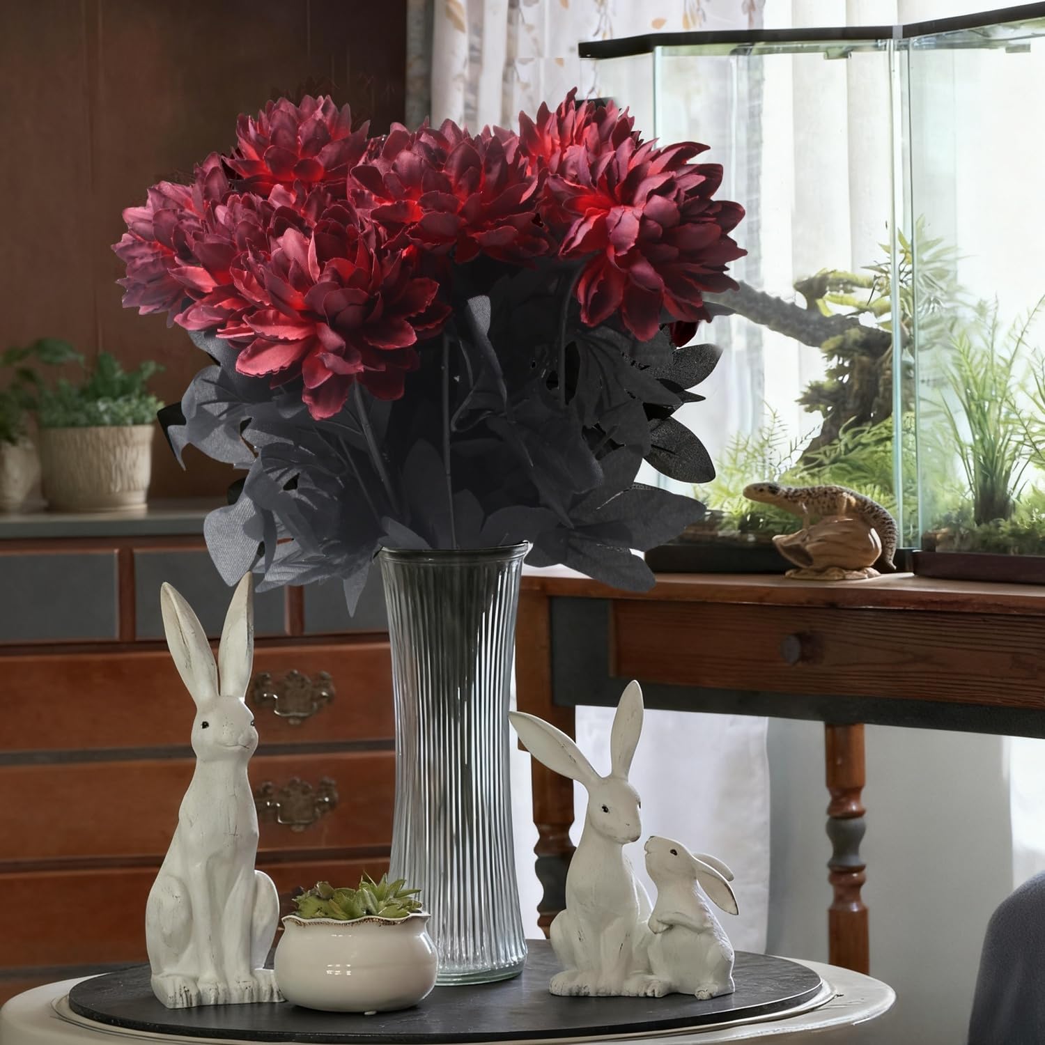 Artificial Dahlia Flowers, 12 Pack Burgundy Gothic Dead Flowers With Long Stems, Dark Red Silk Flower For Halloween Wedding Decor, Spooky Centerpieces, Halloween Floral Arrangements (12, Burgundy)