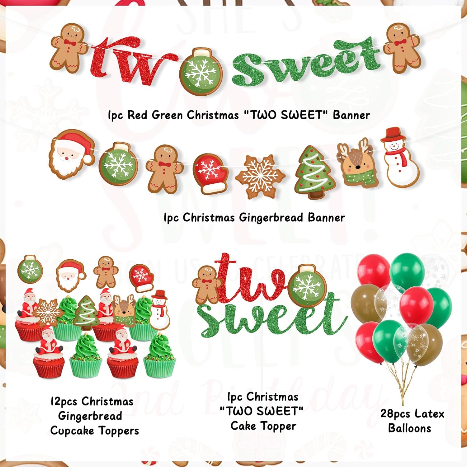 Christmas Gingerbread Man 2Nd Birthday Party Decor, Santa Claus Candy Xmas Ball Two Sweet Banner Snowman Elk Cake Topper Snowflake Latex Balloons For Second Birthday Party Supplies