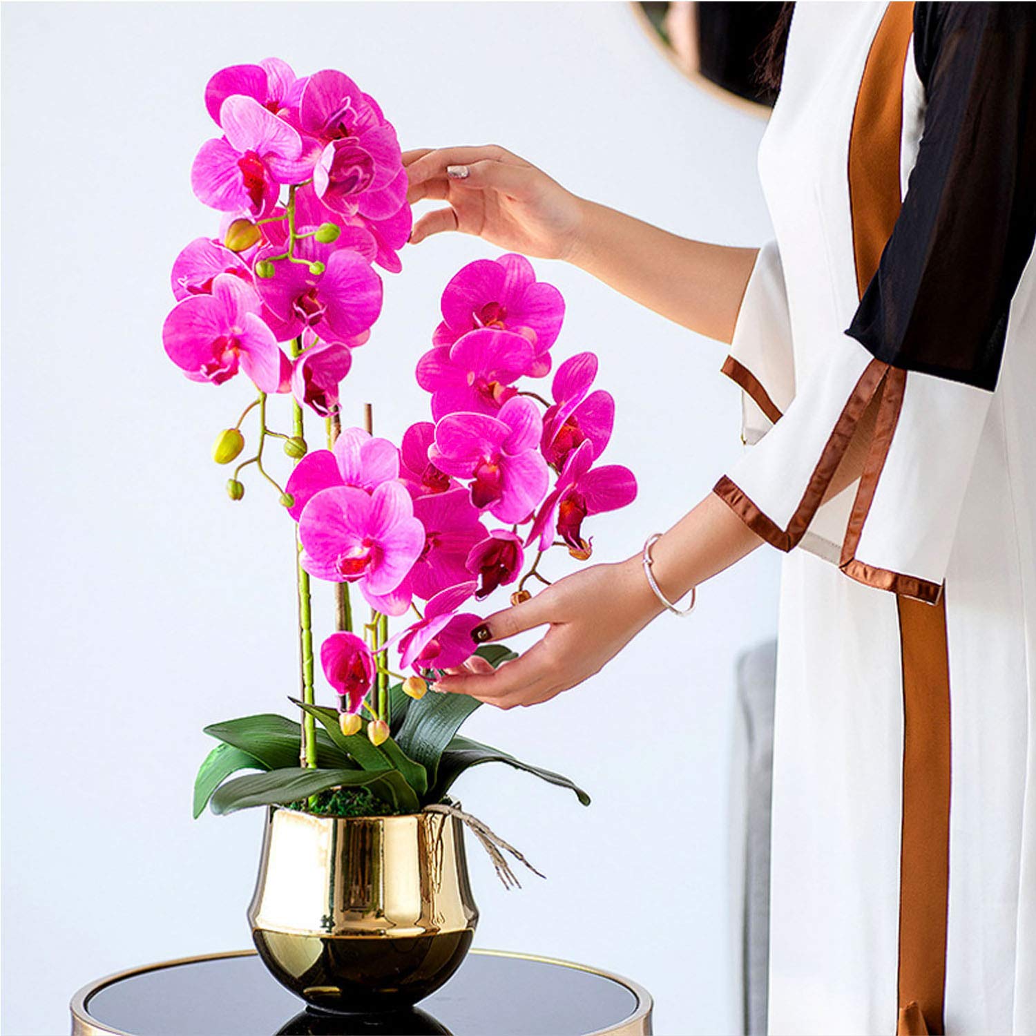 32" Artificial Phalaenopsis Flowers 4 Pcs With 2 Bundles Leaves Artificial Orchid Flowers Stem Plants For Home Décor (Purple)