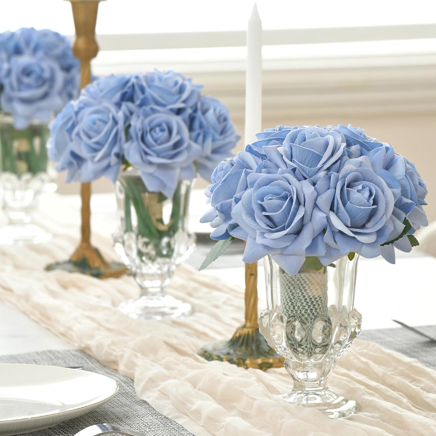 Velvet Roses In Crystal Glass Vase, Artificial Flowers With Vase, Silk Flower Arrangements For Home, Wedding, And Office Décor Table Arrangement Centerpiece, Baby Blue