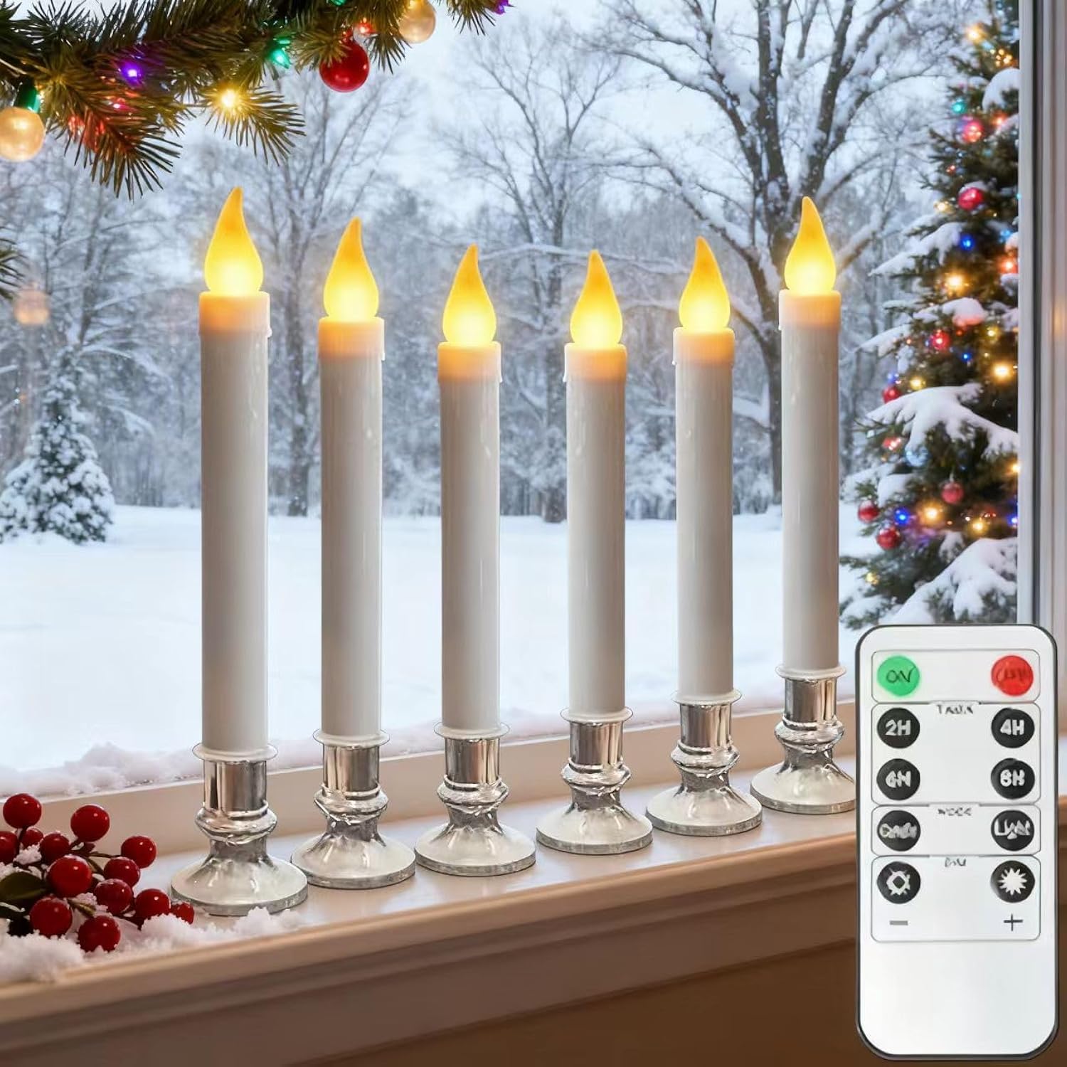 Christmas Window Candles - 9.3In Flameless Taper Candles With Suction Cups Flickering Timer For Halloween Christmas Wedding Home Decor Candlesticks Fireplace (6Pcs-Silvery)