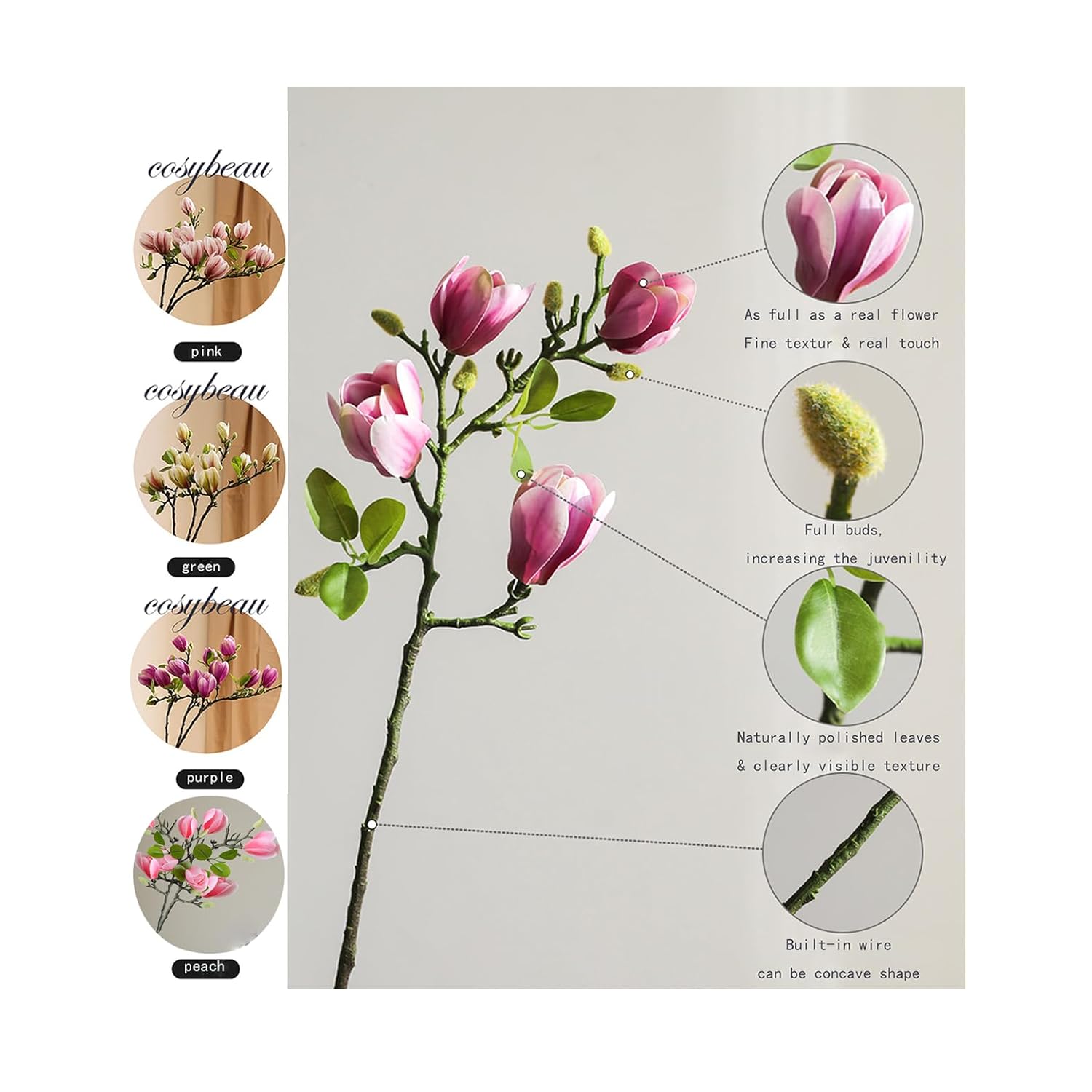Magnolia Flowers Artificial Branches?Faux Fake Stems Beautiful Magnolia Home Decor Decorations (9, 3Pink+3Green+3Purple)