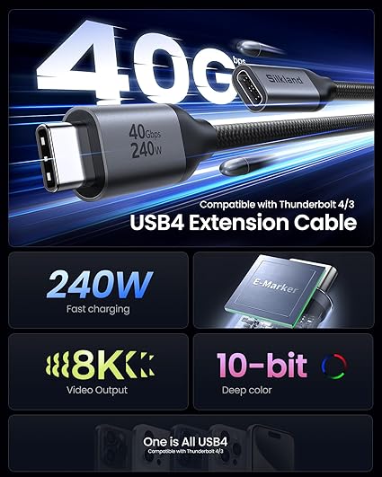 USB4 Extension Cable 40Gbps Thunderbolt 4 240W Fast Charging 3.3FT USB C Extender for MacBook iPhone 17 iPad