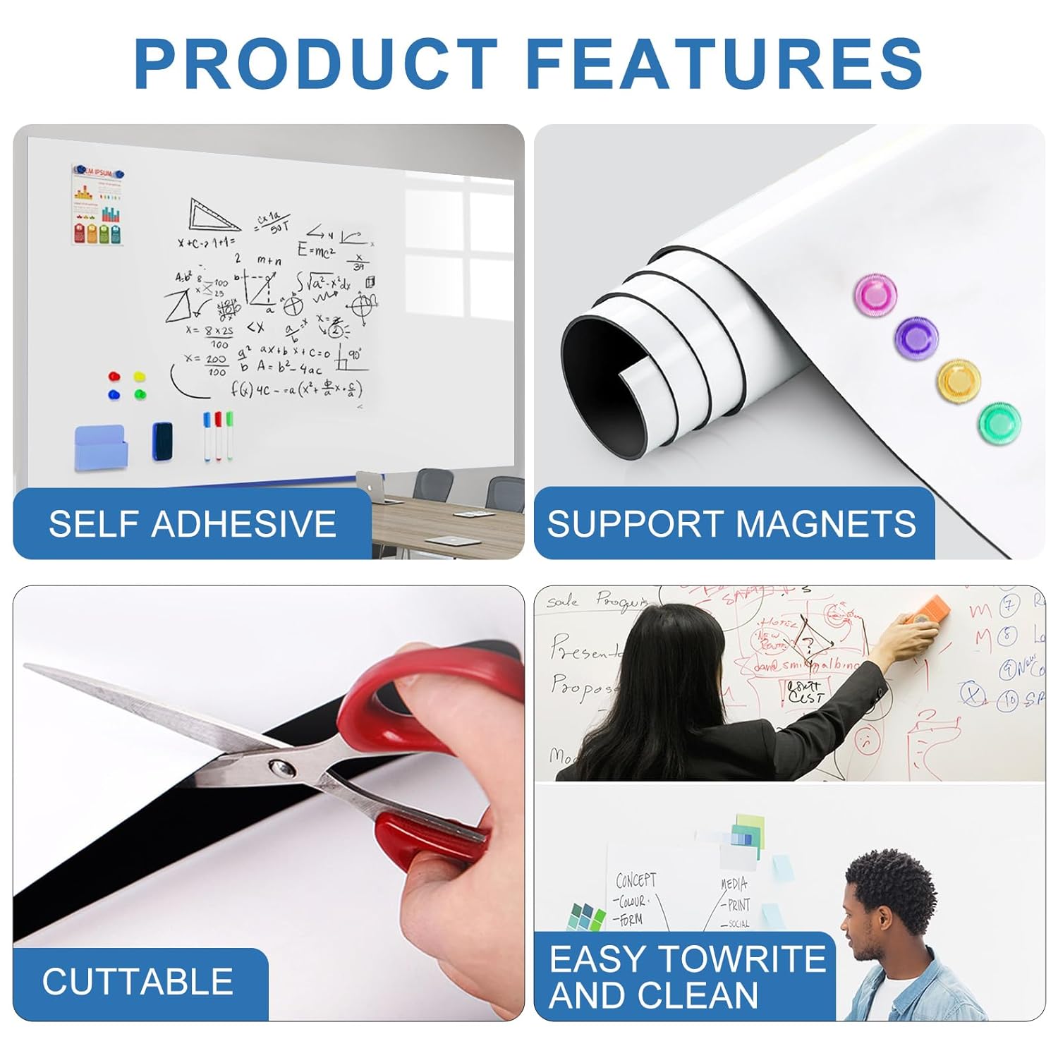 Magnetic Whiteboard Sticker For Wall, Self-Adhesive Dry-Erase Board Wallpaper, Office Home School (24" X 16")