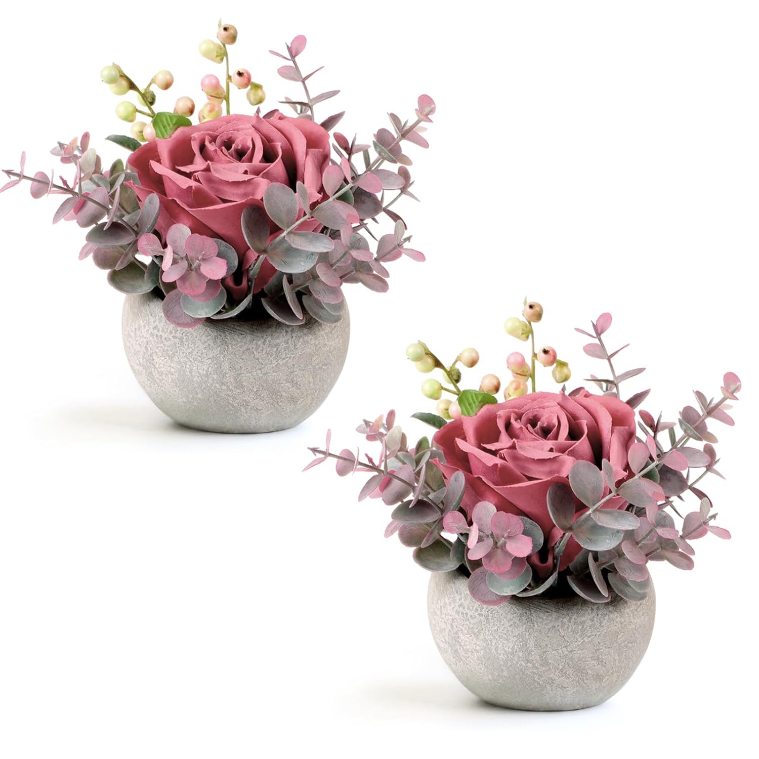 2 Pack Mini Potted Flowers, Pink Rose Artificial Flowers In Pot Fake Greenery Potted Plants Desk Shelf Decor For Home Office Living Room Bathroom