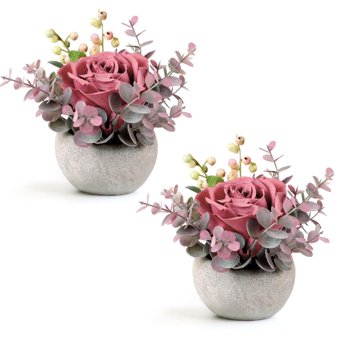 2 Pack Mini Potted Flowers, Pink Rose Artificial Flowers In Pot Fake Greenery Potted Plants Desk Shelf Decor For Home Office Living Room Bathroom