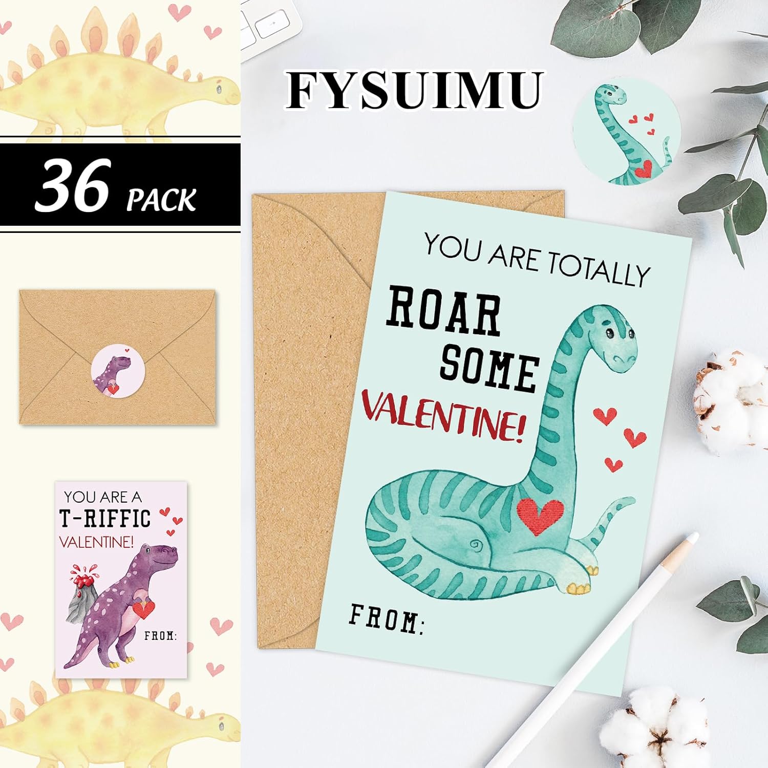 36 Pack Dinosaur Valentine'S Day Cards For Kids Classroom Exchange Watercolor Dino Greeting Cards With Envelopes & Stickers For School Boys Girls Classroom Party Favors, 4X6 Inch