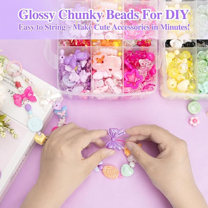 1000PCS Acrylic Beads for Jewelry Making Star Heart Flower Butterfly Candy Gummy Bear Kawaii Beads for Bracelets Necklaces Keychains Phone Charms DIY Crafts