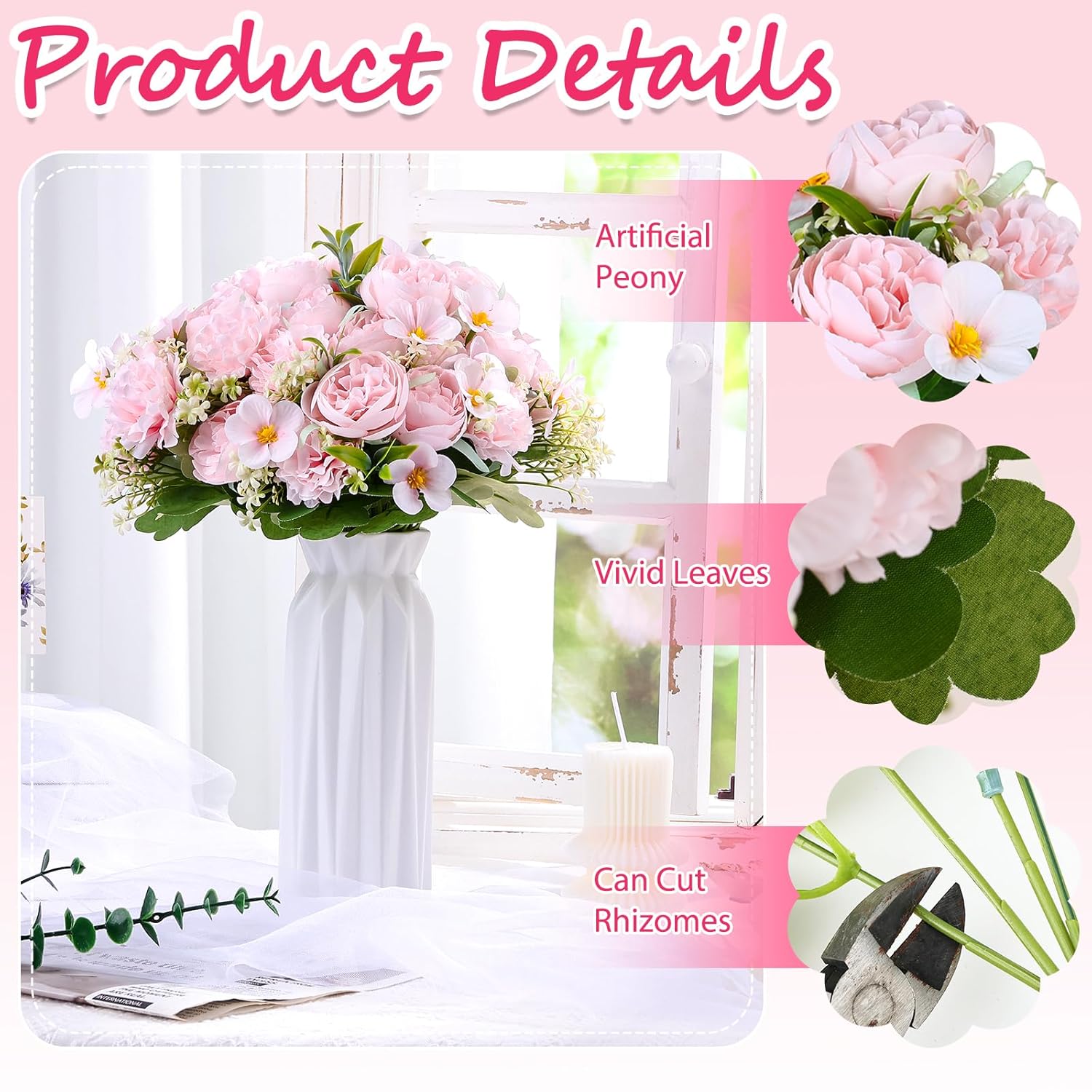 12 Bundles Peonies Artificial Flowers Fake Hydrangea Silk Peony Bouquet Bulk For Vase Floral Arrangements Wedding Arch Decor Centerpiece Table Decorations (Light Pink)