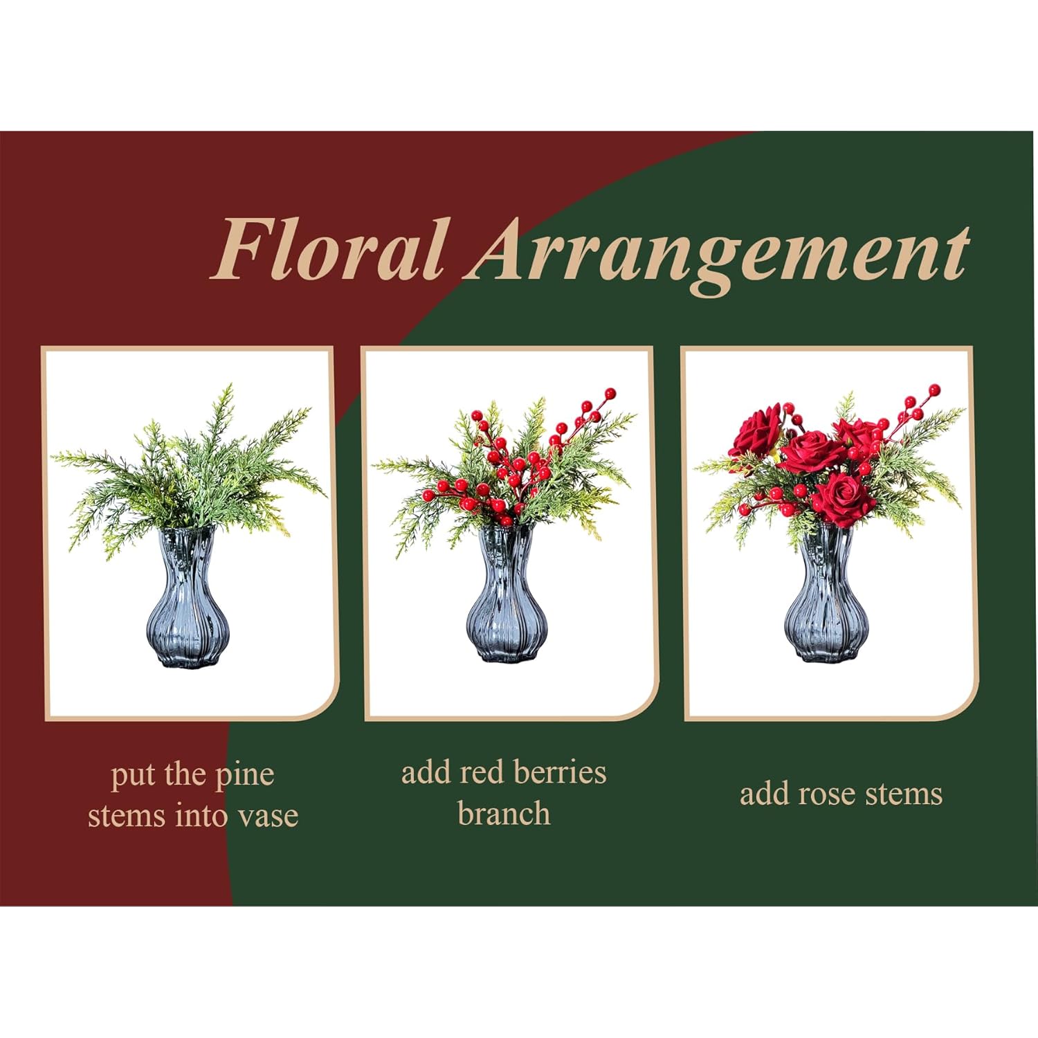 Artificial Flowers, Winter Flowers Artificial - Roses Bouquet With Berry And Pine Stems, 11 Pcs Faux Flowers & Plants For Indoor Decoration, Artificial Flowers Bouquet For Holiday, 12 Inch