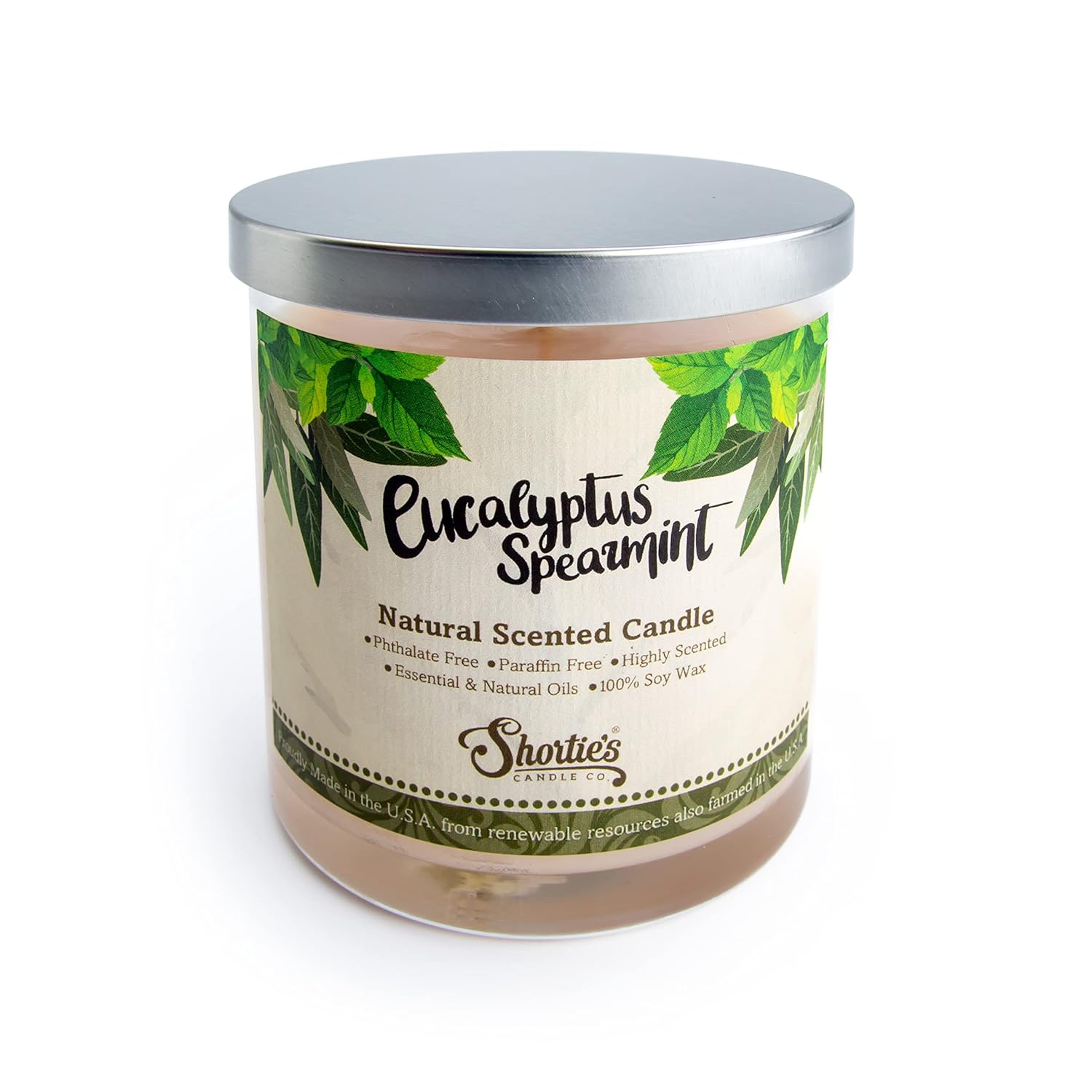 Eucalyptus Spearmint Scented Natural Soy Candle, Essential Fragrance Oils, 100% Soy, Phthalate & Paraben Free, Clean Burning, 9 Oz.