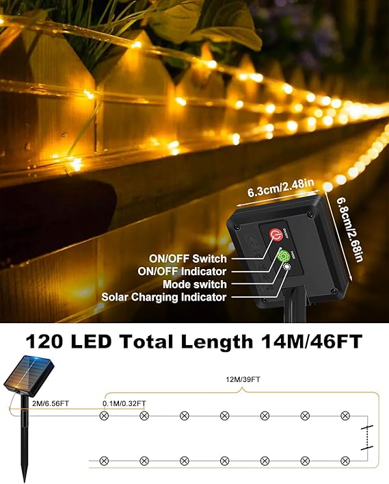 46FT Solar Rope Lights 120 LED Warm White Waterproof Outdoor String Lights with 8 Modes