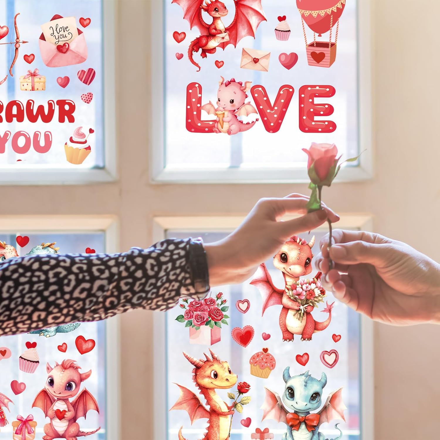 Valentine Day Window Clings - 9 Sheets Cute Dinosaur Heart Window Stickers For Home Party Decoration, I Rawr You Love Romantic Fantasy Static Clings Decals For School Holiday Party Supplies
