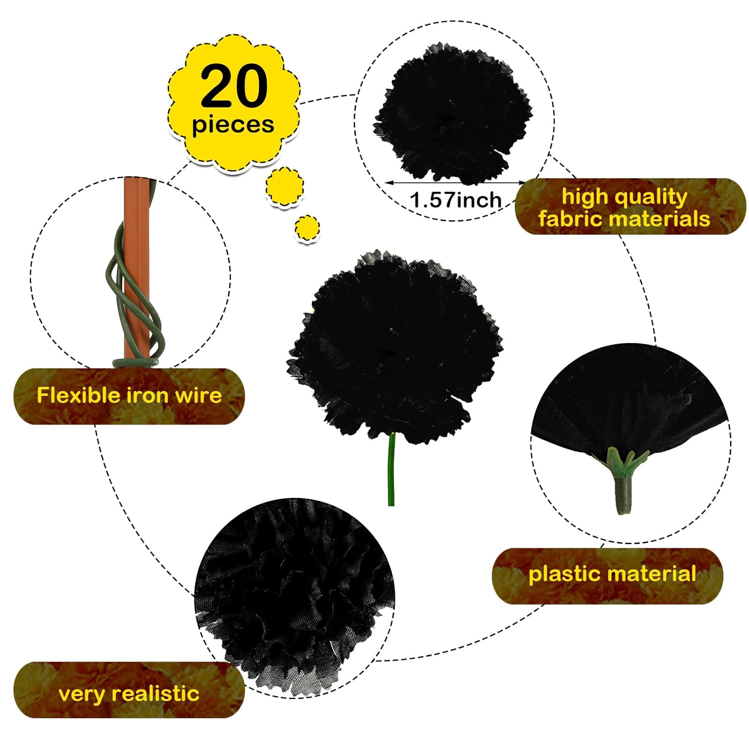 20 Pieces Artificial Marigold Bunch Fake Bunch Halloween Artificial Marigold Flowers With Stem For Birthday Party Diwali Halloween Party Decoration(Black)