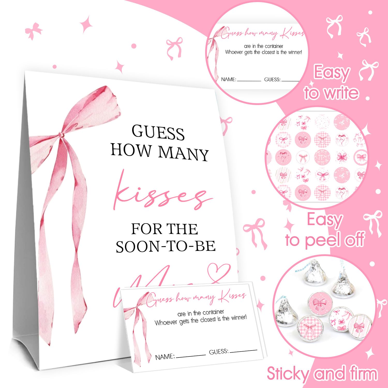 Bridal Shower Games Activities, Wedding Shower Games For Engagement Party Pink Bow Theme Decorations, Bridal Showers Game Guests, Guess How Many Kisses Activities