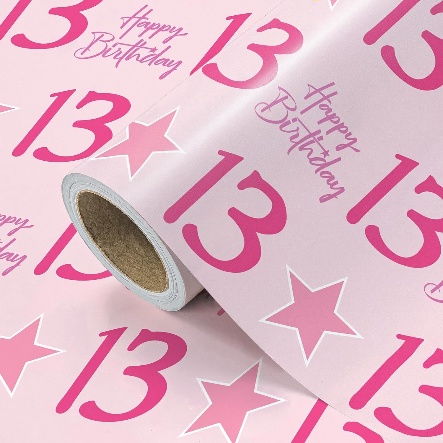 Girl 13Th Birthday Wrapping Paper - Mini Roll - 17 Inch X 16.5 Feet - Teen Girl Pink Stars With 13 Happy Birthday Design Perfect For Party, Holiday