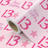 Girl 13Th Birthday Wrapping Paper - Mini Roll - 17 Inch X 16.5 Feet - Teen Girl Pink Stars With 13 Happy Birthday Design Perfect For Party, Holiday