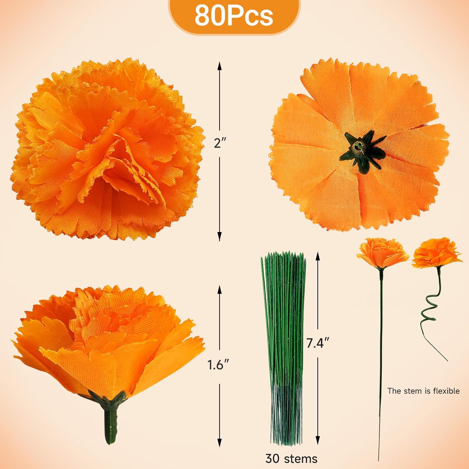 Marigold Flowers Artificial - 80 Premium Silk Flower Heads With 30 Stems For Diwali Decor, Day Of The Dead Altar, Handmade Garland Making (2" Blooms, Reusable) (Orange 80)