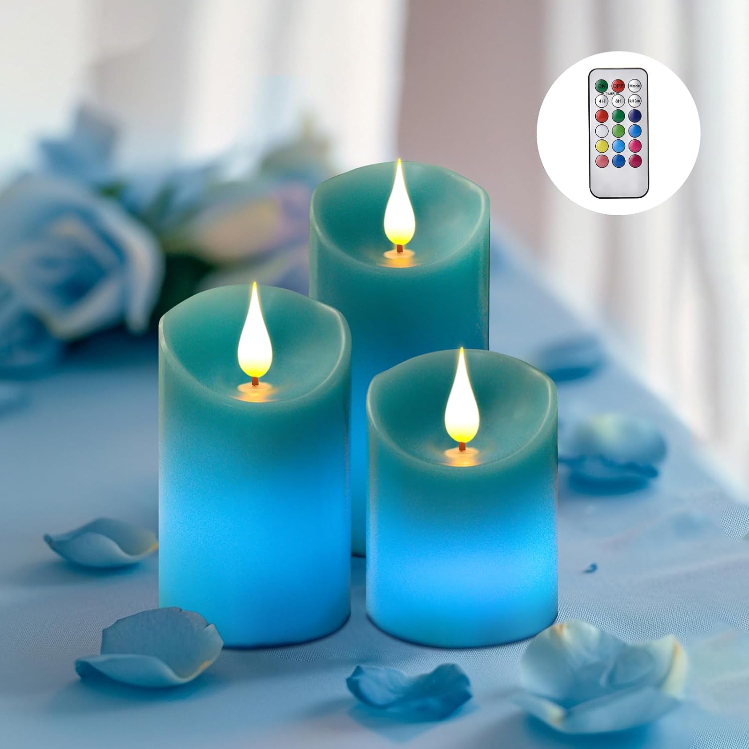 Teal Candles, Pillar Teal Flameless Candles Feature With Color Changing, Battery Operated Candles With Remote&Timer Control Pack Of 3 In Height 4''5''6''