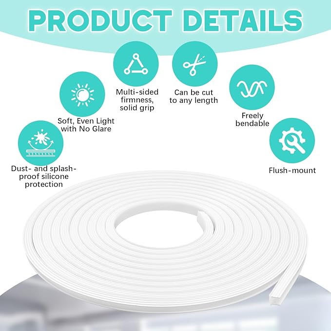 65.6FT Flexible Silicone LED Channel White 10x10mm Waterproof Neon Rope Tube for 6mm Strip Lights