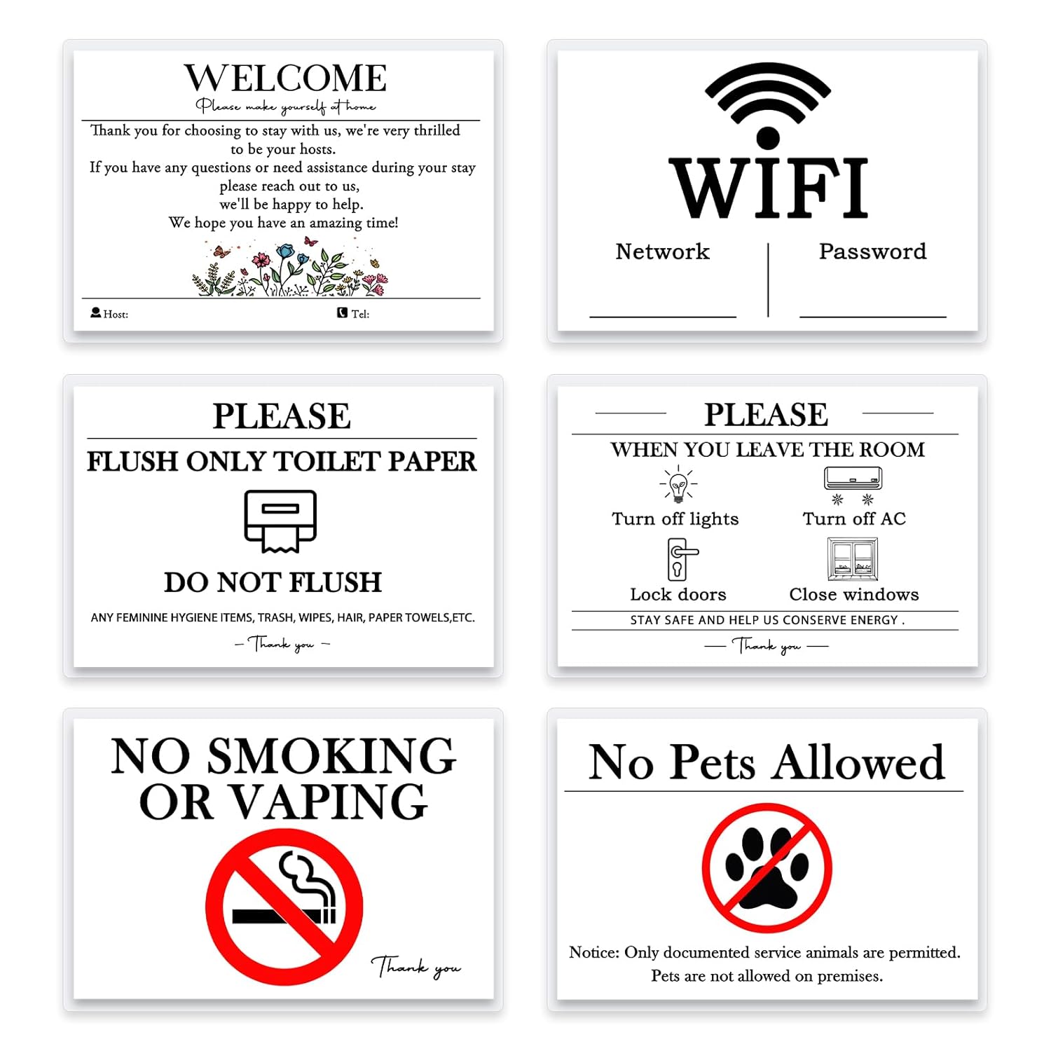 6 Essentials Air Bnb Vacation Rental Hosts, 4"×6" Laminated Signs Bundle For Hosts Guest, Welcome Book Wifi Password With Magnetic Attachment, Do Not Flush Turn Off No Pets No Smoking, House Rules